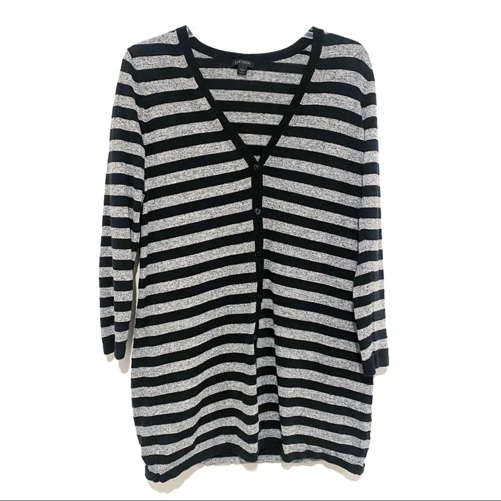 J. Jill | Striped Long Cardigan Sweater Button Front Gray Black Size S Petite